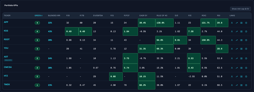 Portfolio KPI table showing blended IRR, P/B, EV/EBITDA, Rule of 40, and ROIC for each holding